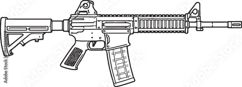 Carbine Rifle Black and White Line Art Vector Compact Tactical Firearm Illustration