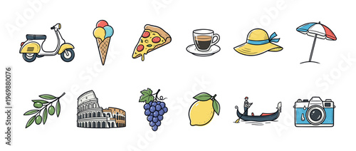 Collection of hand-drawn illustrations representing popular Italian travel, food, and cultural symbols, perfect for tourism and lifestyle designs.