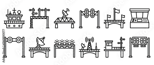 Control tower, signal, and communication icons set featuring various outline symbols for navigation, traffic, and industrial systems.