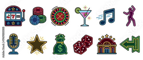 Vibrant neon icons representing casino gambling, nightlife entertainment, music, and celebration in a colorful collection.