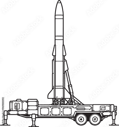 Ballistic Missile System Vector Line Art Vertical Launch Military Rocket Platform Side View