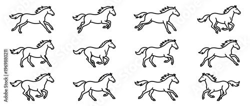 Horses running line art illustration set depicting various dynamic movements of galloping and trotting animals in a simple cartoon style.