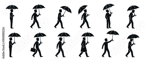 Men with umbrellas walking and standing in various poses, depicting protection from rain or bad weather conditions.