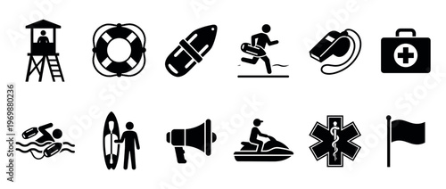 Lifeguard equipment and safety icons collection featuring various symbols for beach rescue, water sports, and emergency services.