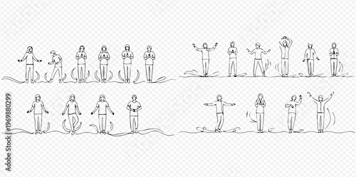 Continuous Line Drawing of People in Hazmat Suits Performing Various Actions and Poses, Set of Illustrations.