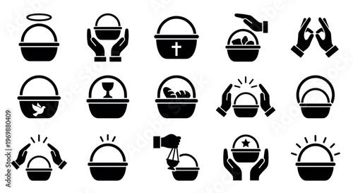 Collection of religious baskets and hands icons representing faith, charity, blessings, and spiritual concepts in a simple silhouette style.