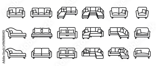 Sofas and couches line art icons set, featuring various modern and classic furniture designs for home interiors.