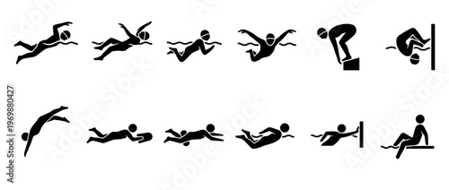 Swimming icons set depicting various actions like diving, different strokes, pushing off the wall, and resting, illustrating aquatic sports activities.