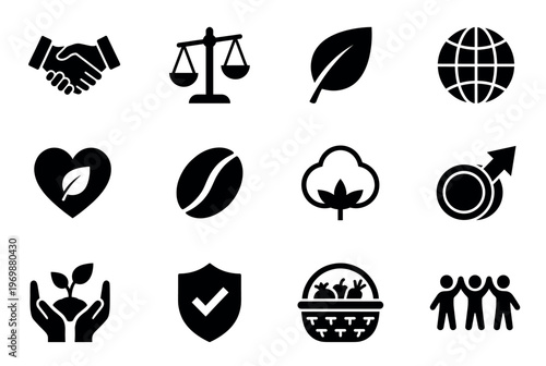 Collection of diverse black and white icons representing various concepts like nature, justice, community, and sustainability.