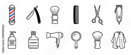 Barber shop tools and grooming accessories are presented as a collection of outline icons for hair cutting, shaving, and styling services.