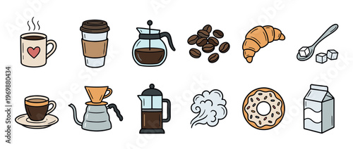 Coffee and breakfast items doodle collection featuring various hot beverages, sweet pastries, and brewing equipment for a cozy morning.