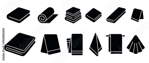 Towels icon set showing various folded, rolled, stacked, and hanging textile items for bathroom, spa, or kitchen use.