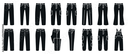 Various pants and trousers silhouettes featuring jeans, cargo pants, and dress pants, suitable for clothing design.