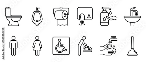 Bathroom restroom public toilet icons set featuring essential facilities like toilet, urinal, sink, hand dryer, and accessibility signs for hygiene and convenience.