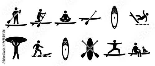 Collection of stand-up paddleboarding icons depicting various activities like paddling, yoga, falling, and carrying the board.