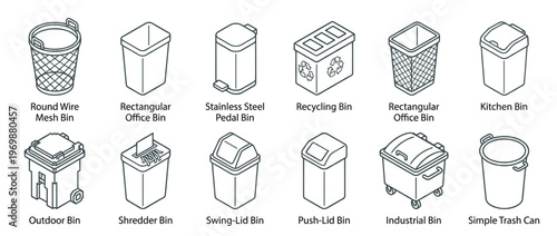 Waste bins and trash cans icon set featuring various types for home, office, and industrial use in a clean line art style.