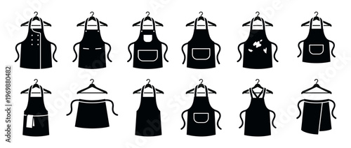 Collection of apron icons on hangers, illustrating different styles of protective garments for cooking and work.