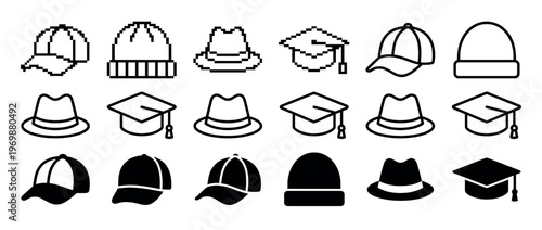 Collection of various hats, including baseball caps, beanies, fedoras, and graduation caps, rendered in pixel, outline, and solid icon styles.