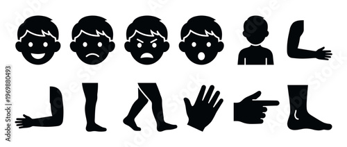 Human body parts and facial expressions represented as a set of black silhouette icons for anatomy and emotion concepts.