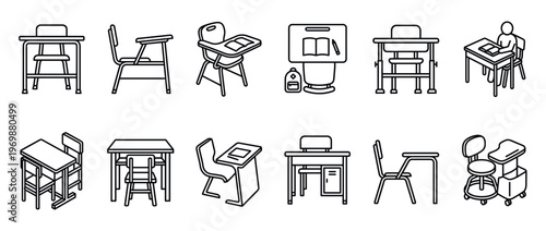 School desks and chairs vector line icons set illustrating various types of student furniture for education and learning environments.