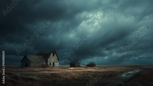 Gloomy landscape of an abandoned farm