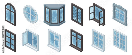 Isometric frosty windows displaying intricate ice patterns and snowflakes, perfect for winter and cold weather themes.