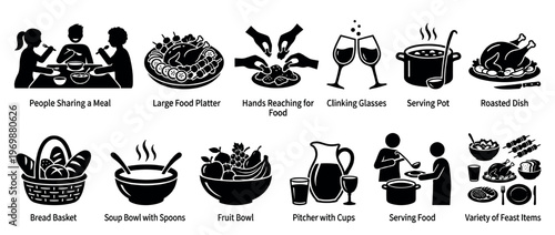 Food and dining icons collection representing various mealtime activities, dishes, and celebratory elements for gatherings and feasts.