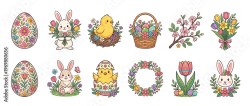 Cute Easter eggs, bunnies, chicks, and spring flowers create a delightful collection of holiday illustrations perfect for seasonal designs.