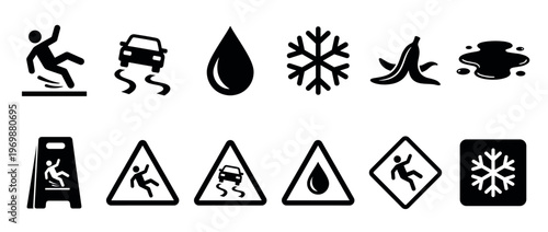 Slippery icons, warning signs, hazard symbols collection representing various dangers like wet floors, ice, and spills for safety awareness.
