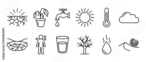 Drought and heatwave icons illustrating water scarcity, climate change, and environmental issues with symbols of dry land, wilting plants, and high temperatures.