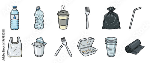 Plastic waste and disposable items including bottles, cups, bags, and cutlery, illustrating environmental pollution.