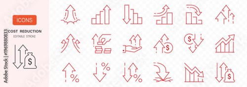 Line icons about money increase and decrease. Contains such icons as stock market  profit  launch and more. Editable vector stroke