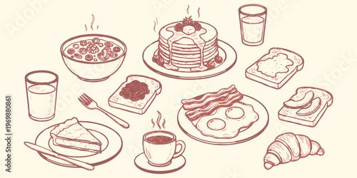A detailed line art illustration featuring a variety of delicious breakfast food items and drinks.