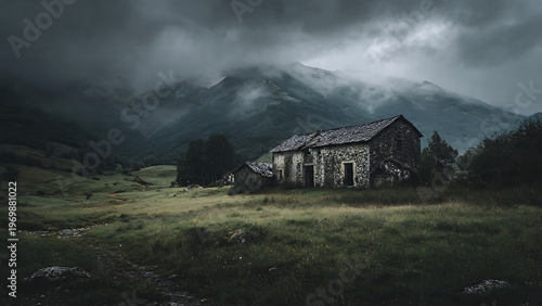 Gloomy landscape of an abandoned farm