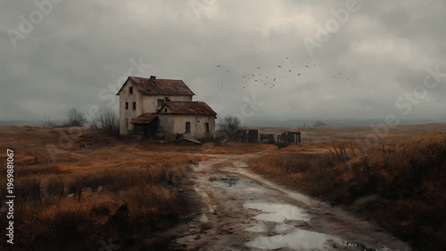 Gloomy landscape of an abandoned farm
