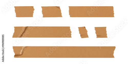 A collection of various brown adhesive tape strips isolated on a clean white background surface.