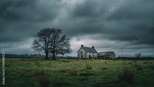 Gloomy landscape of an abandoned farm