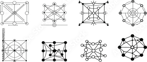 Abstract geometric network symbols with nodes and connections, black line vector illustration set for technology, data, science concepts design usage
