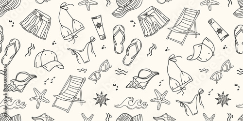 Seamless summer beach pattern with hand drawn elements bikini flip flops sunglasses hat deck chair starfish and waves for textile design packaging wrapping paper social media backgrounds.Vector