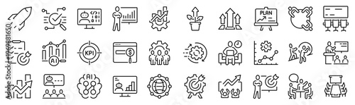 Modern business icon set including analytics, workflow, team collaboration, startup growth and digital systems. Clean outline vector icons for SaaS, apps and UI design.