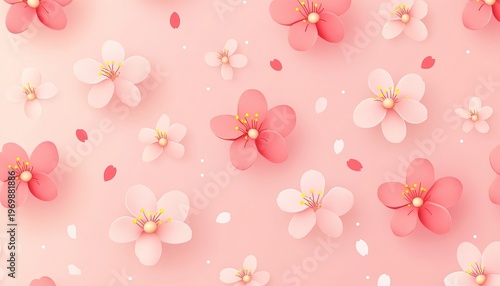 Delicate Cherry Blossom Pattern on Soft Pink Background, Springtime Elegance in Floral Design