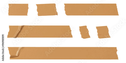 A collection of brown adhesive packing tape strips isolated on a clean white background surface
