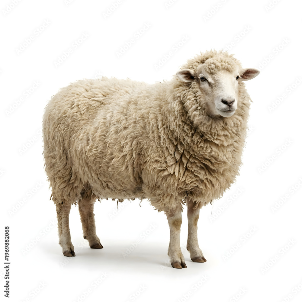 Obraz premium A fluffy sheep standing proudly on a white background, captured in a high-quality studio photograph