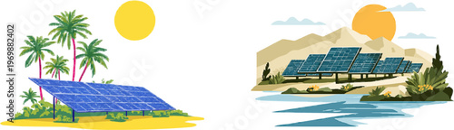 A professional flat vector illustration depicts a solar farm in a desert setting with geometric panels reflecting the suns rays, surrounded by lush palm trees under a bright yellow sun