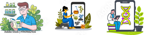 A person uses a personalized nutrition app to scan unbranded food for DNA compatibility in a calming blue and green professional flat vector scene with shelves of supplements and fresh greens