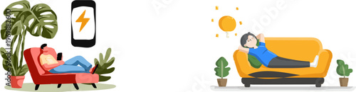 A person relaxes in a minimalist living room, surrounded by lush plants and a 