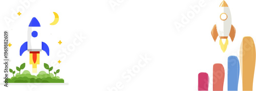 A vibrant business growth chart with a rocket ship taking off from the top of a bar graph symbolizes high potential and rapid expansion in startup themes