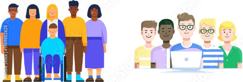 A diverse group of people with varying abilities stands together in a modern office setting, showcasing inclusive design principles through bright colors and a clean, flat vector style