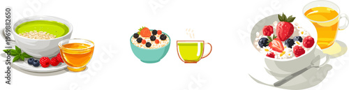 A clean, vibrant scene showcases a healthy breakfast with oatmeal berries and a cup of green tea, accompanied by fresh mint leaves on a white plate