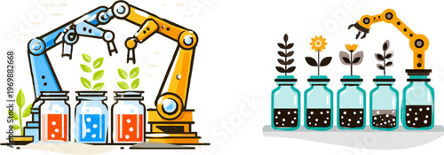 Robotic arms delicately manage thousands of small glass vials in a high-tech seed bank, showcasing advanced technology for preserving biodiversity with vibrant colors and sharp geometric edges